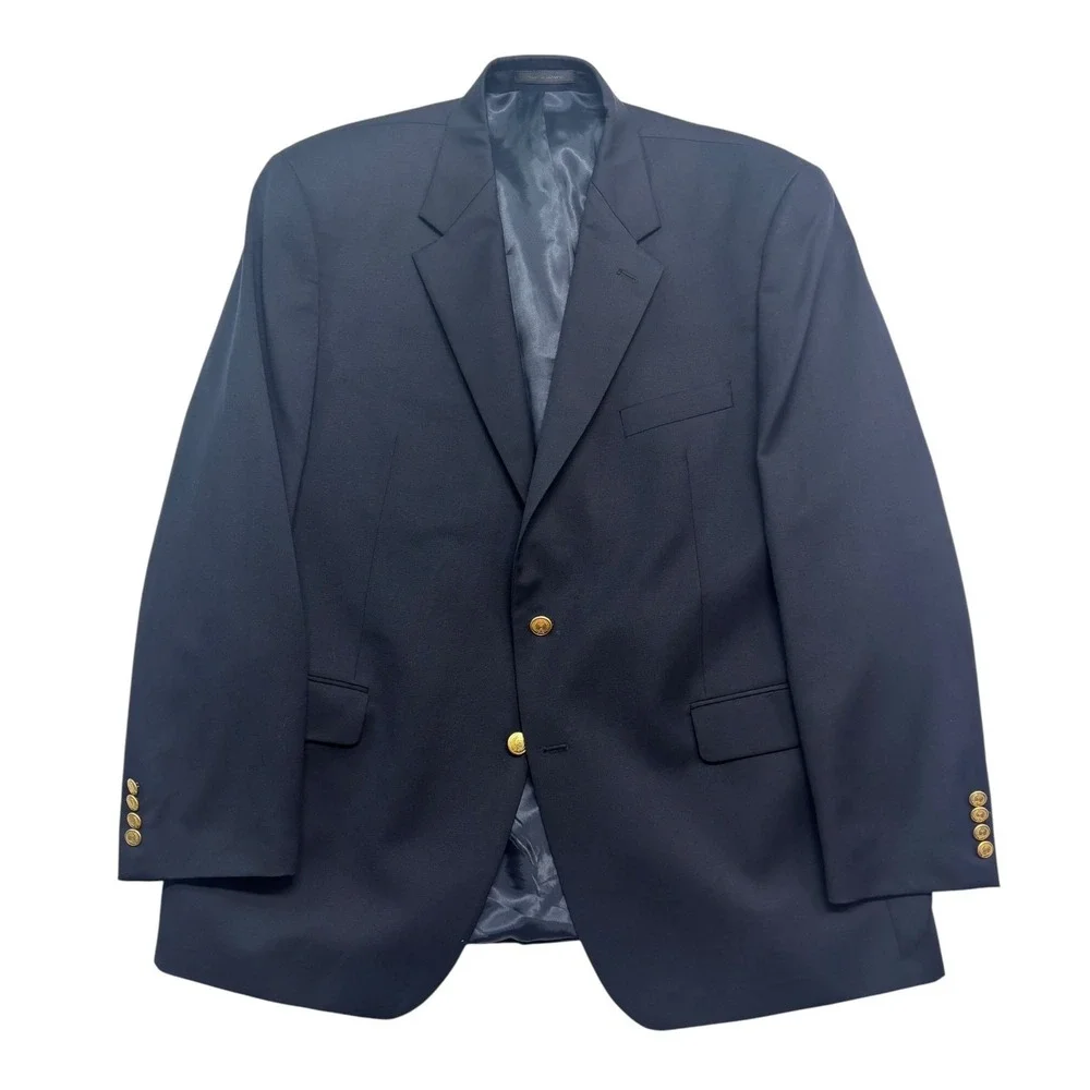 Chaps 46R Navy Blue Gold Buttons Blazer Jacket Sport Coat 100% Wool Mens Classic